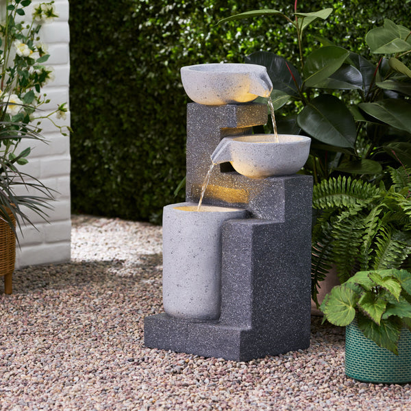 3-Tier Outdoor Fountain w/ LED Lights, Multi Gray, No Assembly Required, Polyresin