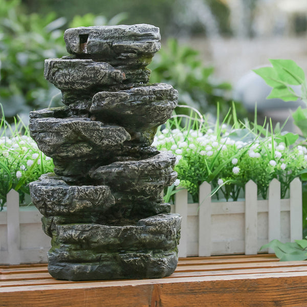 9x5x14" Indoor Gray Stone-Look Water Fountain | 7-Tier Polyresin Cascading Rock Tabletop Fountain with LED Light