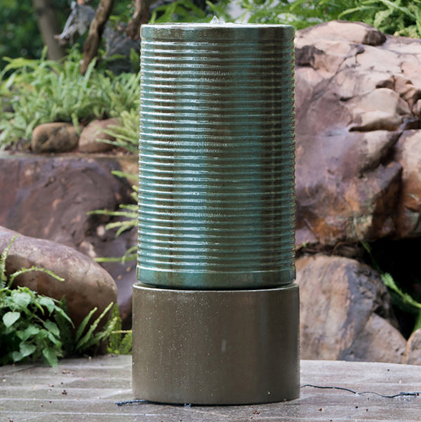 19.5x19.5x43.5" Large Green & Brown Ribbed Concrete Cylinder Water Fountain | Modern Industrial Outdoor Bird Feeder & Bath